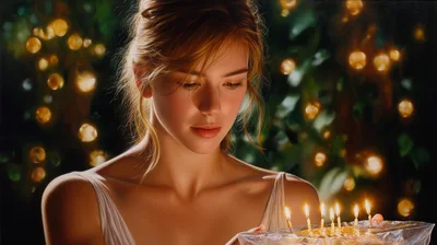 Young Woman Holding Birthday Cake With Lit Candles