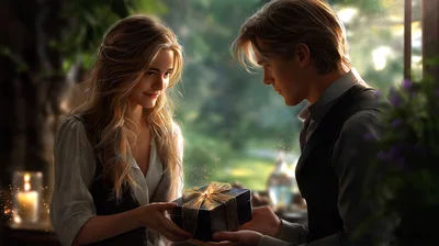 Young Couple Exchanging A Gift In A Romantic Setting