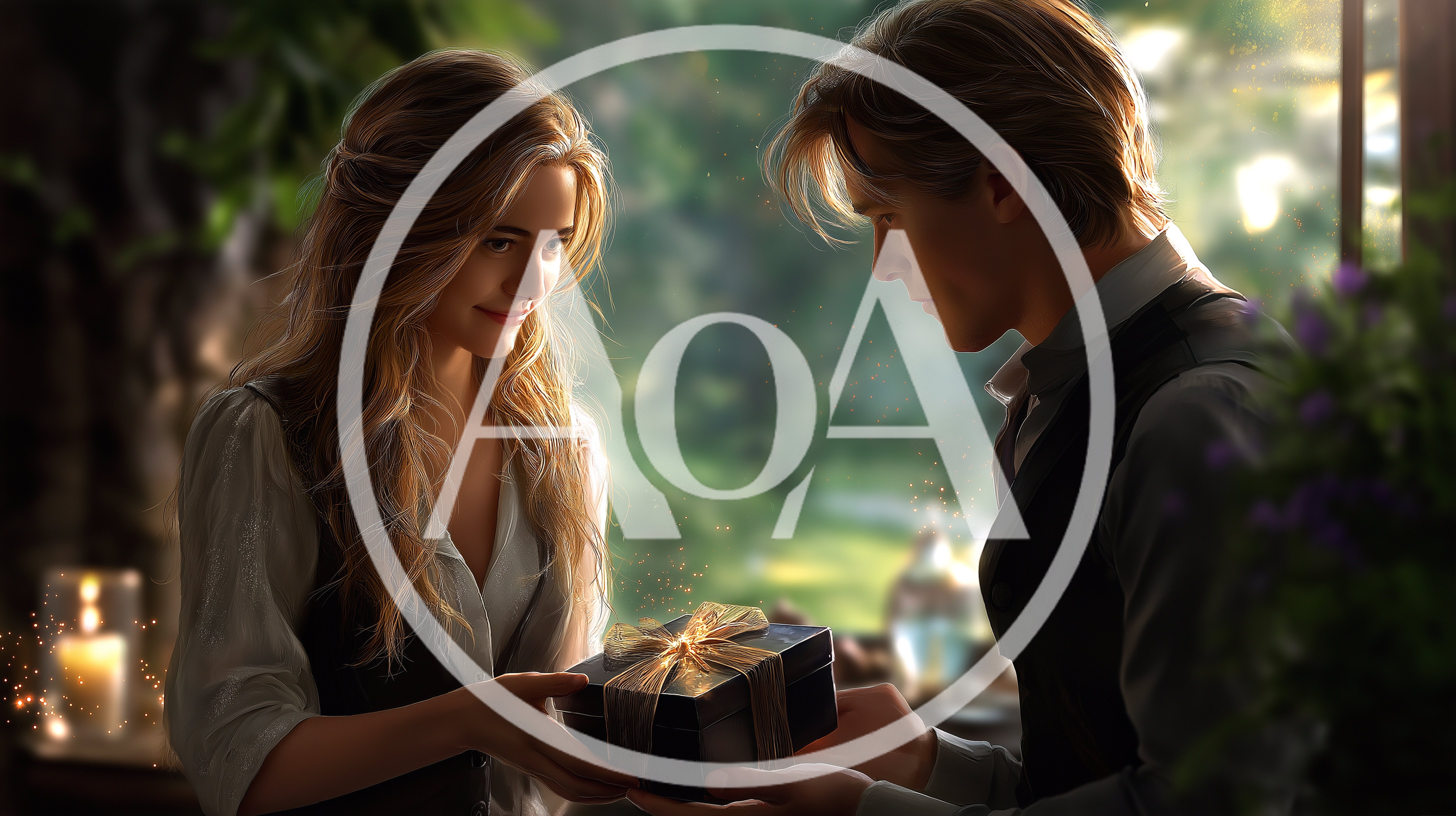 Young Couple Exchanging A Gift In A Romantic Setting