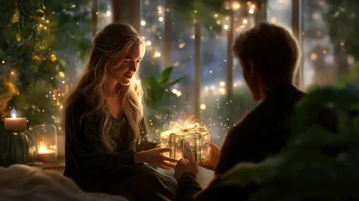 Couple Exchanging A Glowing Christmas Gift