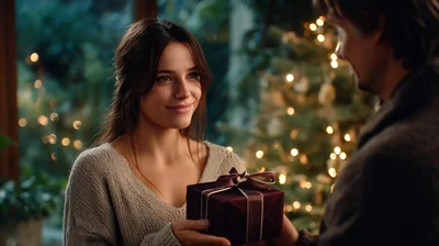 Young Woman Giving A Christmas Gift To Her Partner
