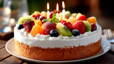 Fruit Topped Birthday Cake With Lit Candles
