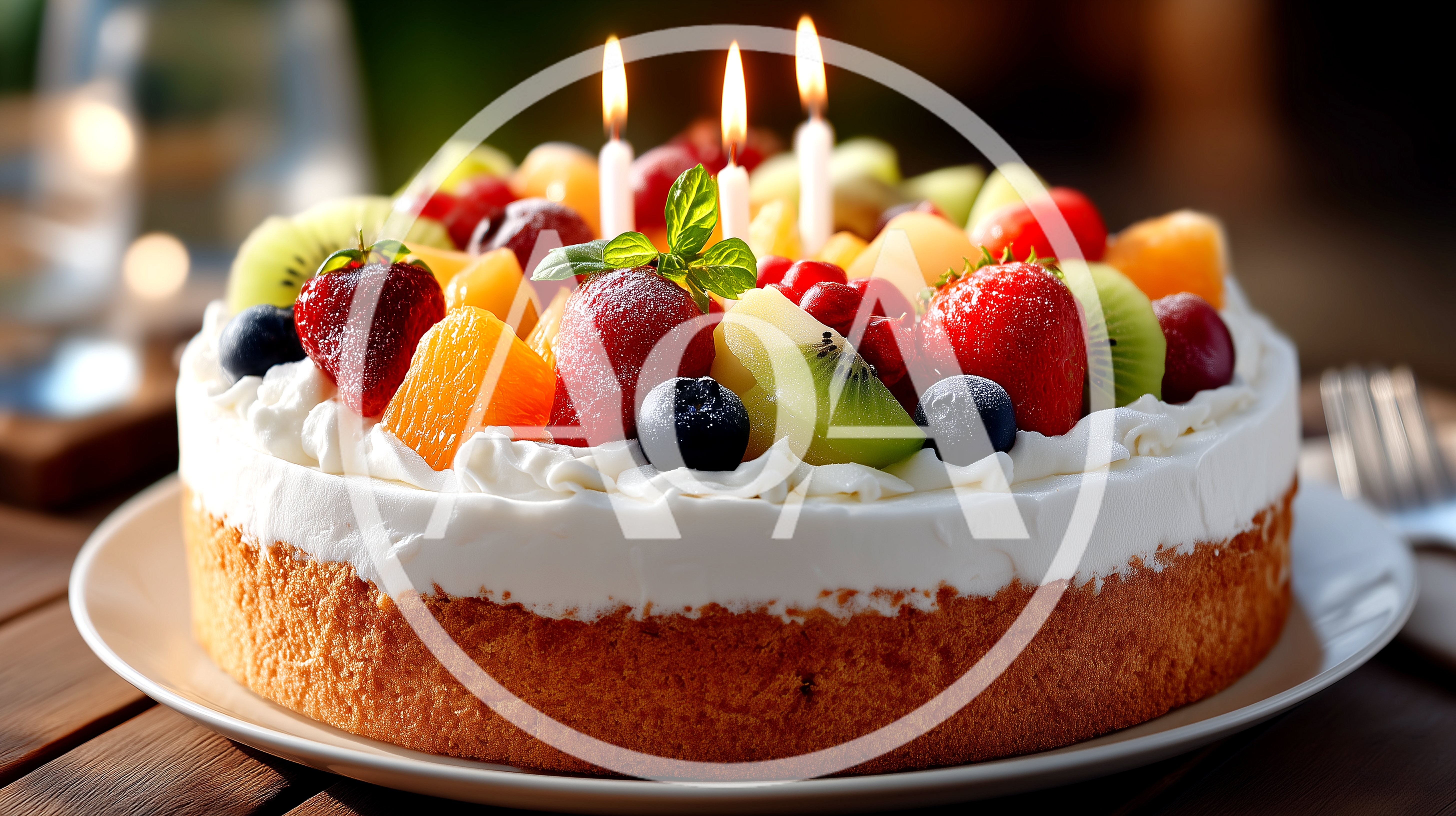 Fruit Topped Birthday Cake With Lit Candles