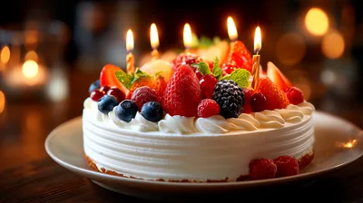 Birthday Cake With Fresh Berries And Lit Candles