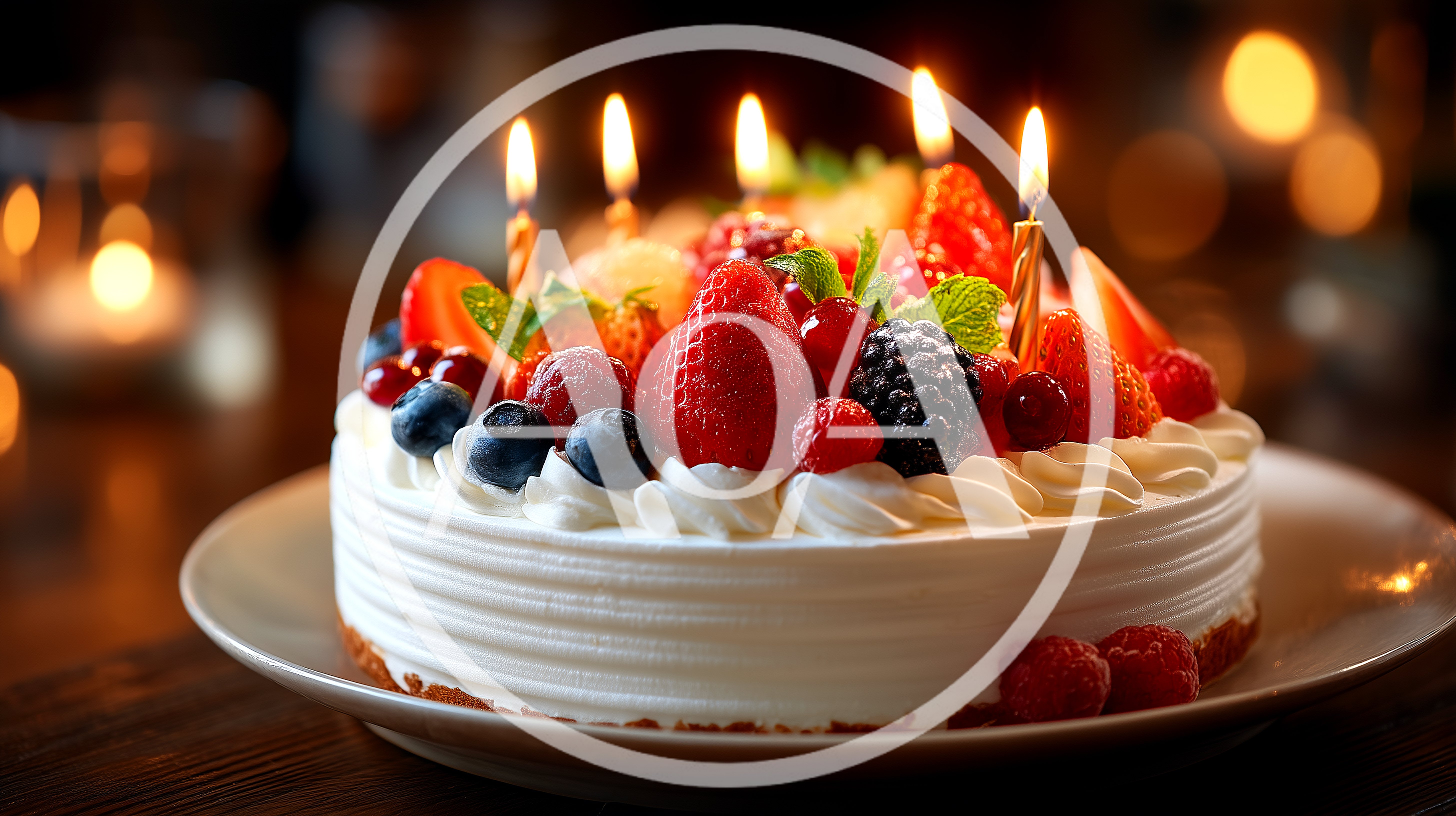 Birthday Cake With Fresh Berries And Lit Candles