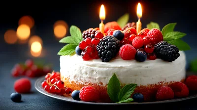 Berry Topped Birthday Cake With Lit Candles