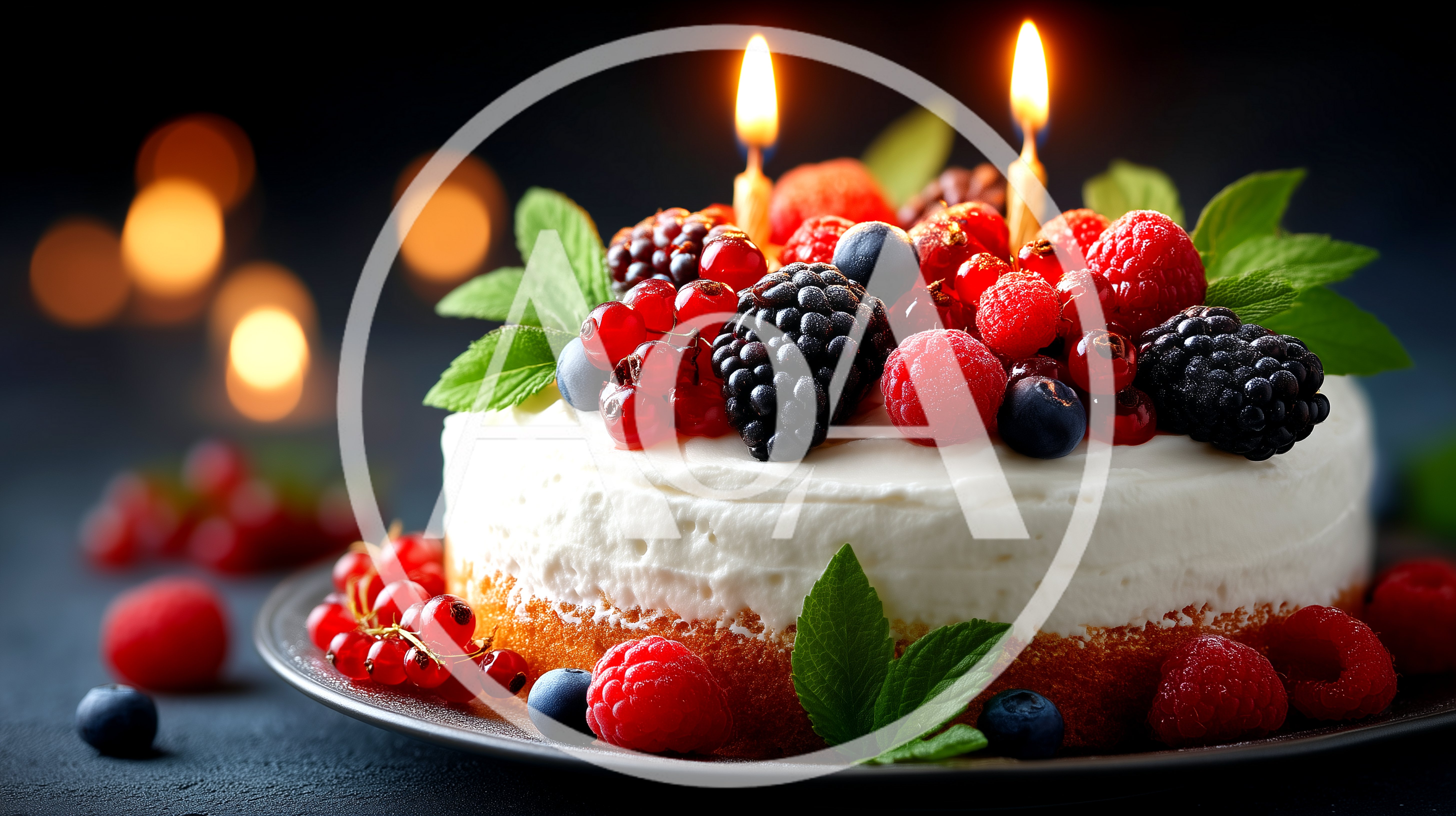 Berry Topped Birthday Cake With Lit Candles
