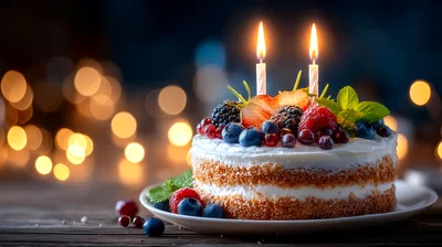 Birthday Cake With Berries And Lit Candles