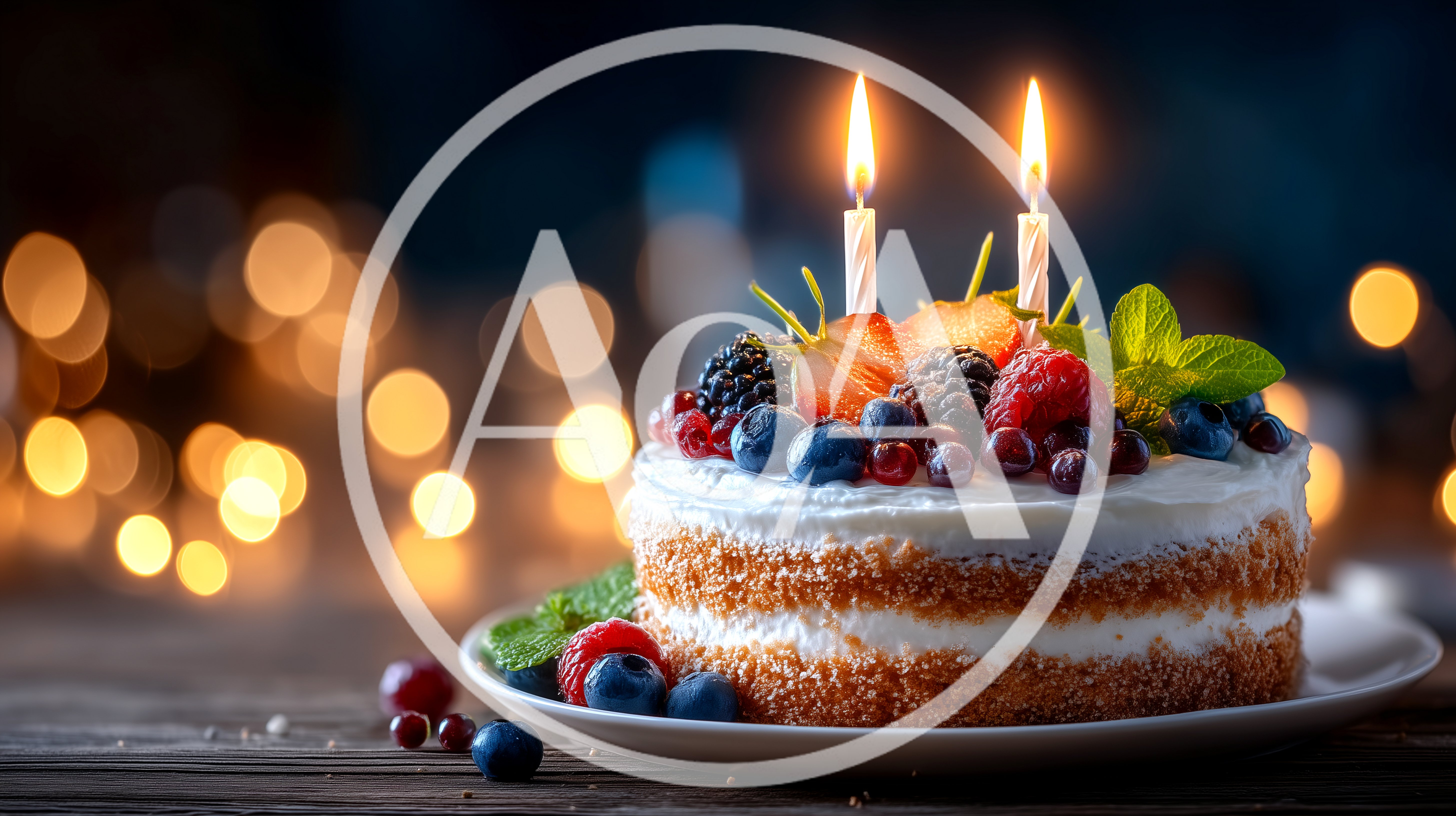 Birthday Cake With Berries And Lit Candles