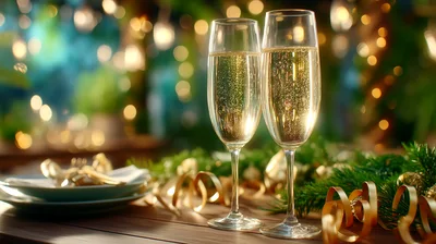 Two Champagne Flutes On A Festive Holiday Table