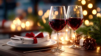 Two Glasses Of Red Wine On A Festive Table