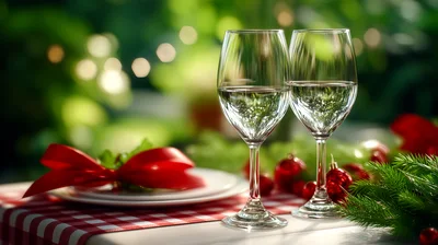 Two Wine Glasses On A Festive Christmas Table