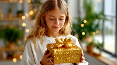 Young Girl Holding A Sparkling Gold Gift Box