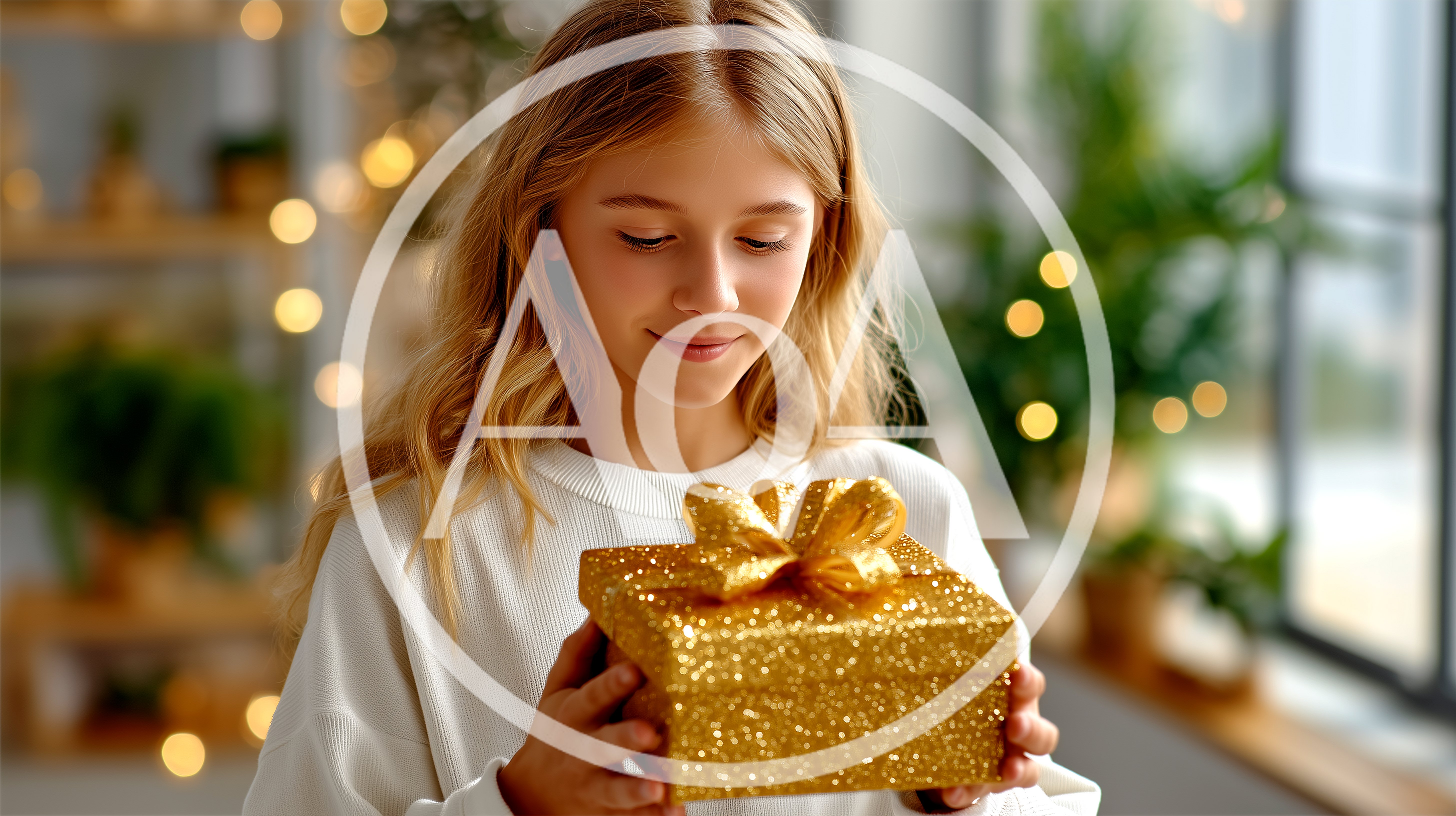 Young Girl Holding A Sparkling Gold Gift Box
