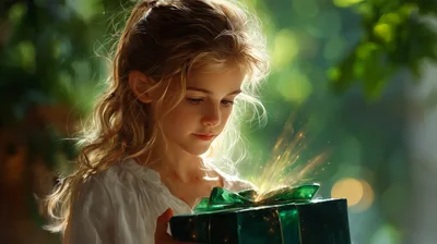 Young Girl Opening A Magical Glowing Gift Box
