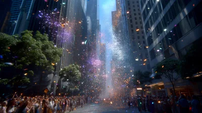 Crowd Celebrating With Confetti In City Street