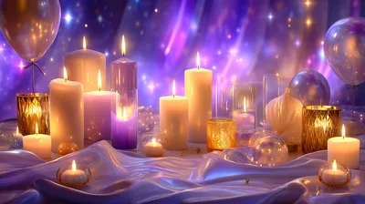 Festive Candles And Balloons On Silky Fabric