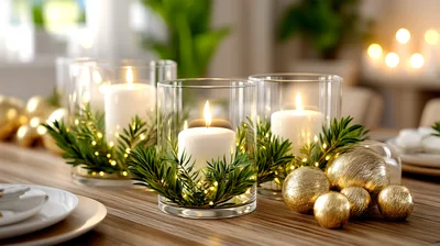 Christmas Table Centerpiece With Candles And Gold Ornaments