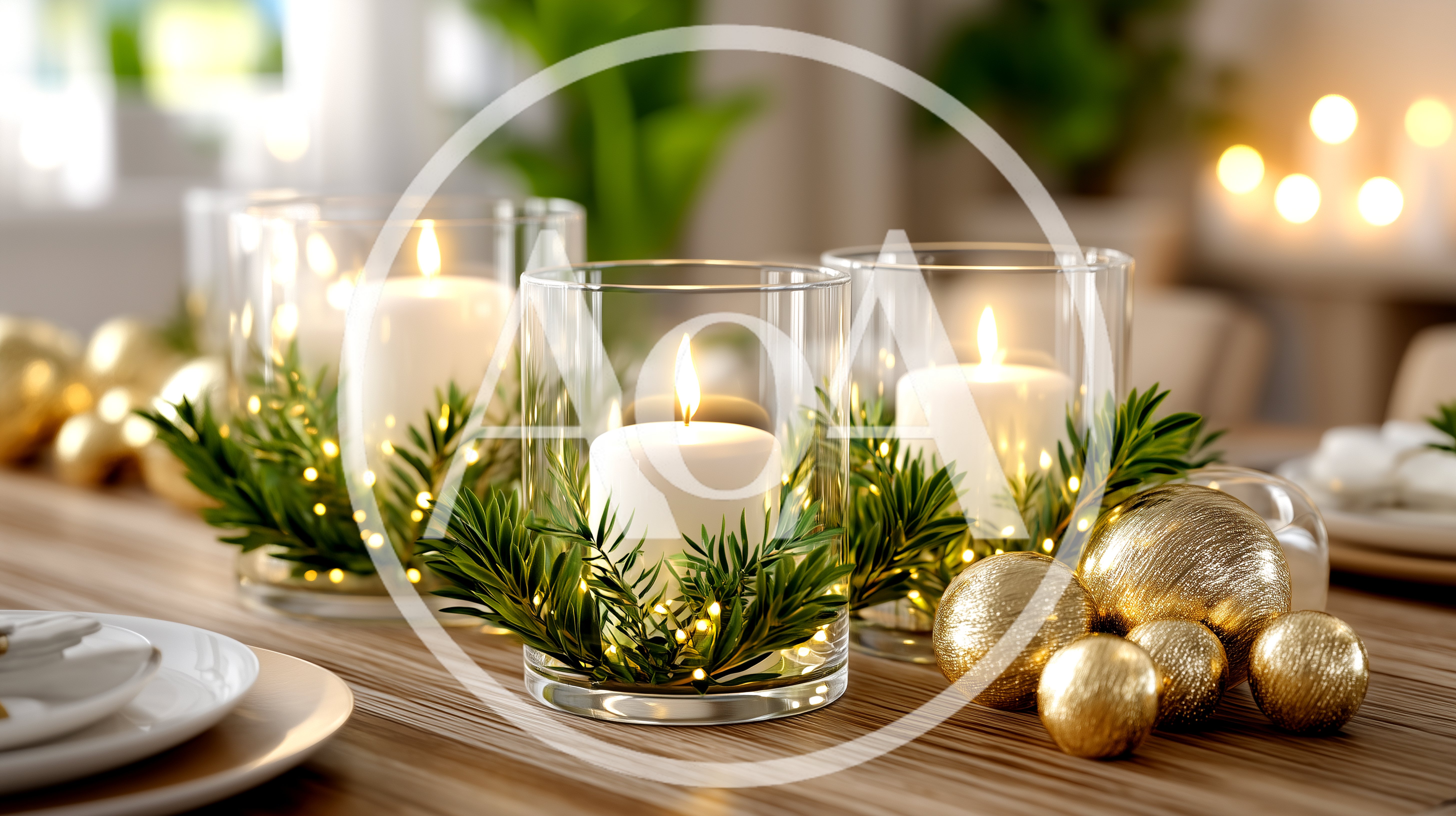Christmas Table Centerpiece With Candles And Gold Ornaments