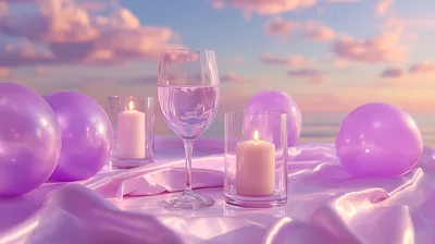Romantic Table Setting With Purple Balloons And Candles