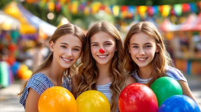 Three Young Women Holding Balloons at a Carnival