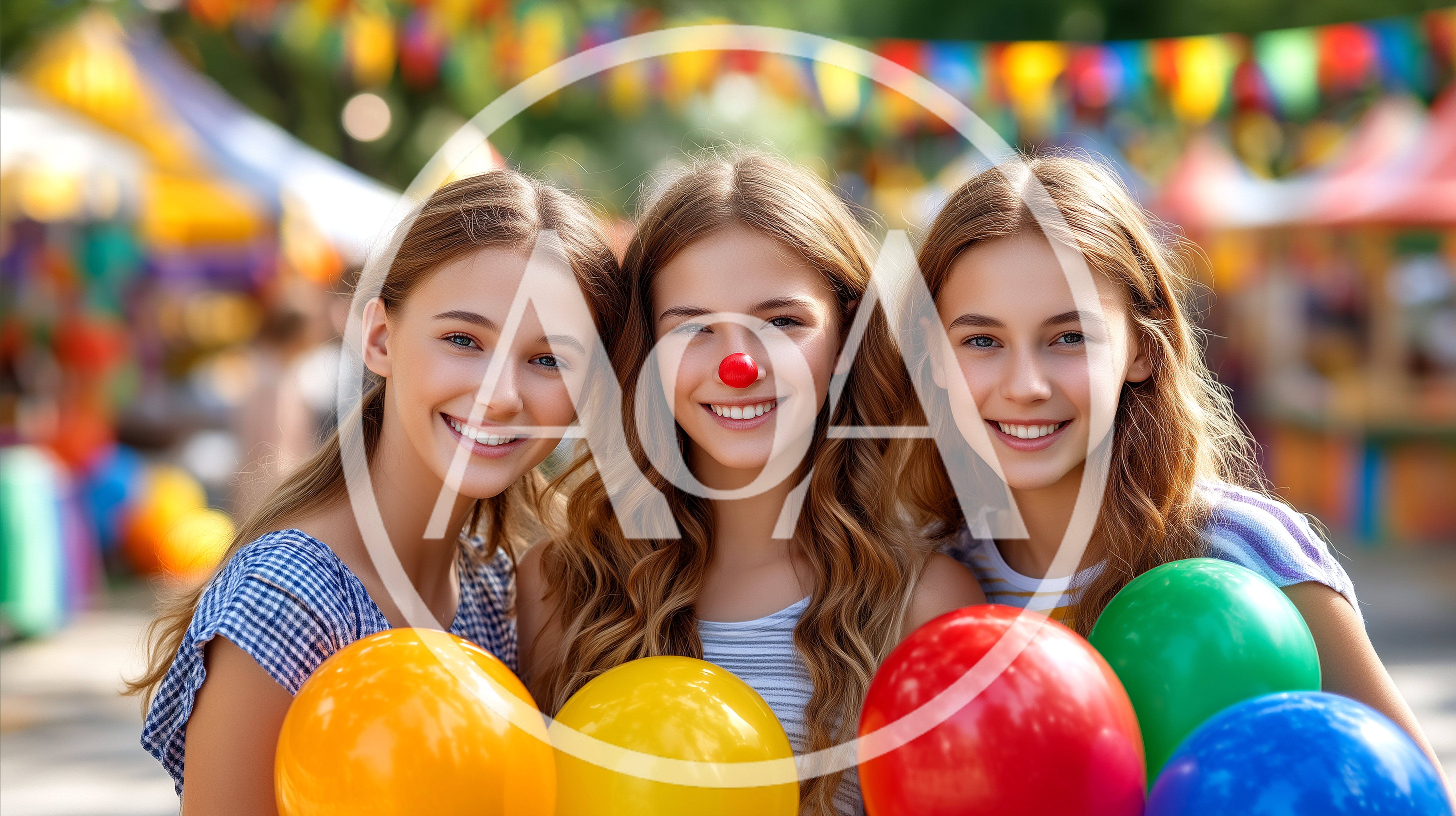 Three Young Women Holding Balloons at a Carnival
