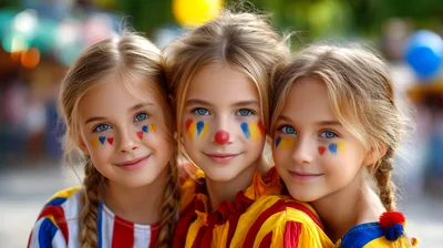 Three Young Girls With Clown Face Paint