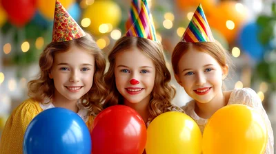Three Young Girls Celebrating With Balloons And Party Hats