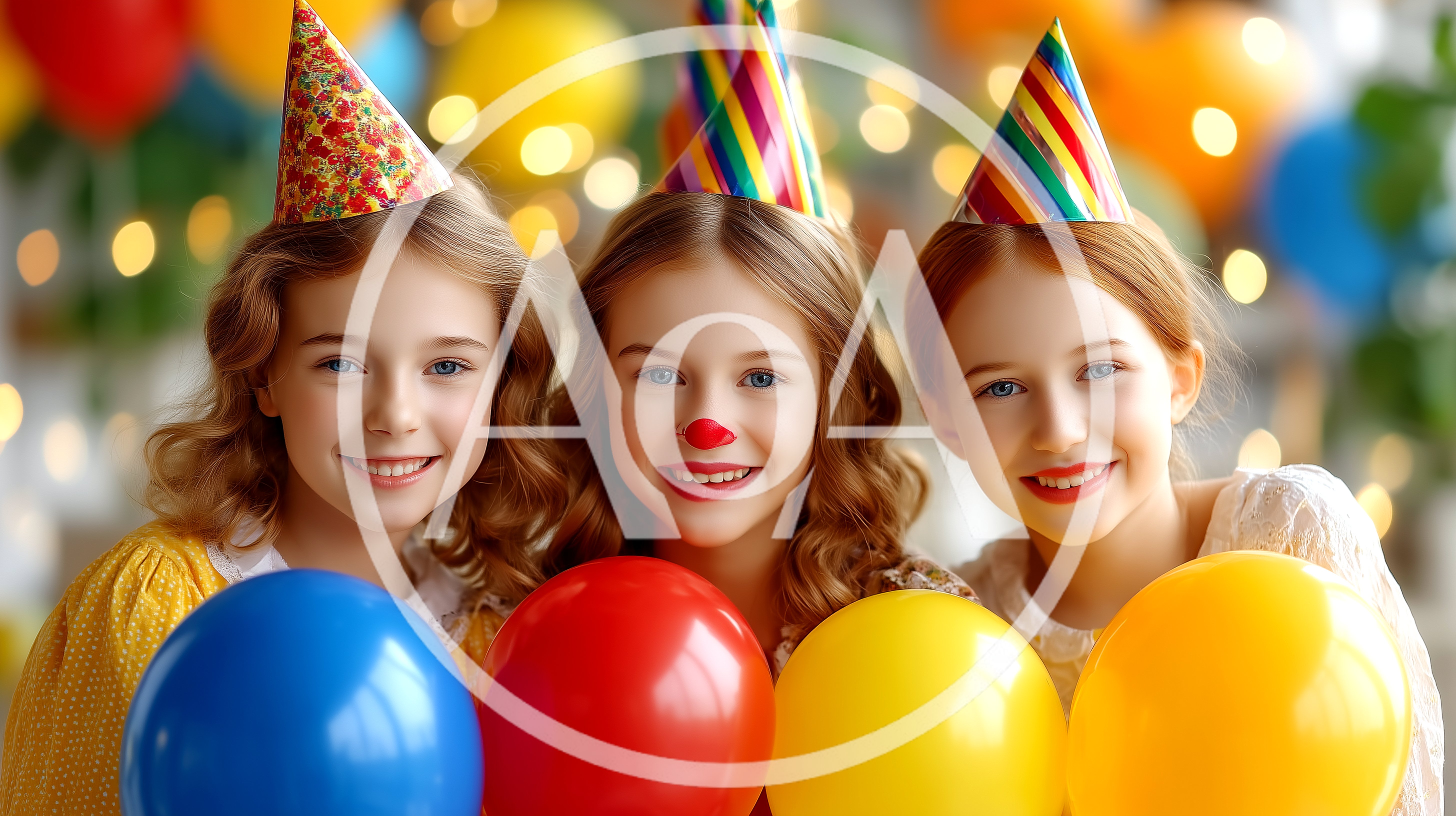 Three Young Girls Celebrating With Balloons And Party Hats