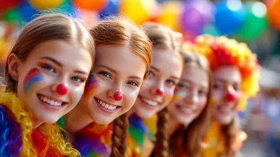 Group Of Young Women Wearing Clown Costumes And Makeup