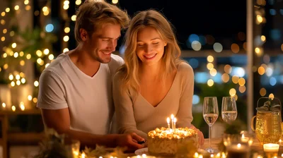 Young Couple Celebrating Birthday With Cake At Night