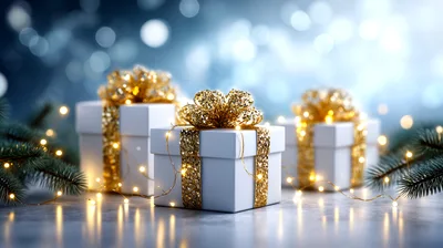 Three White Christmas Gift Boxes With Gold Ribbons