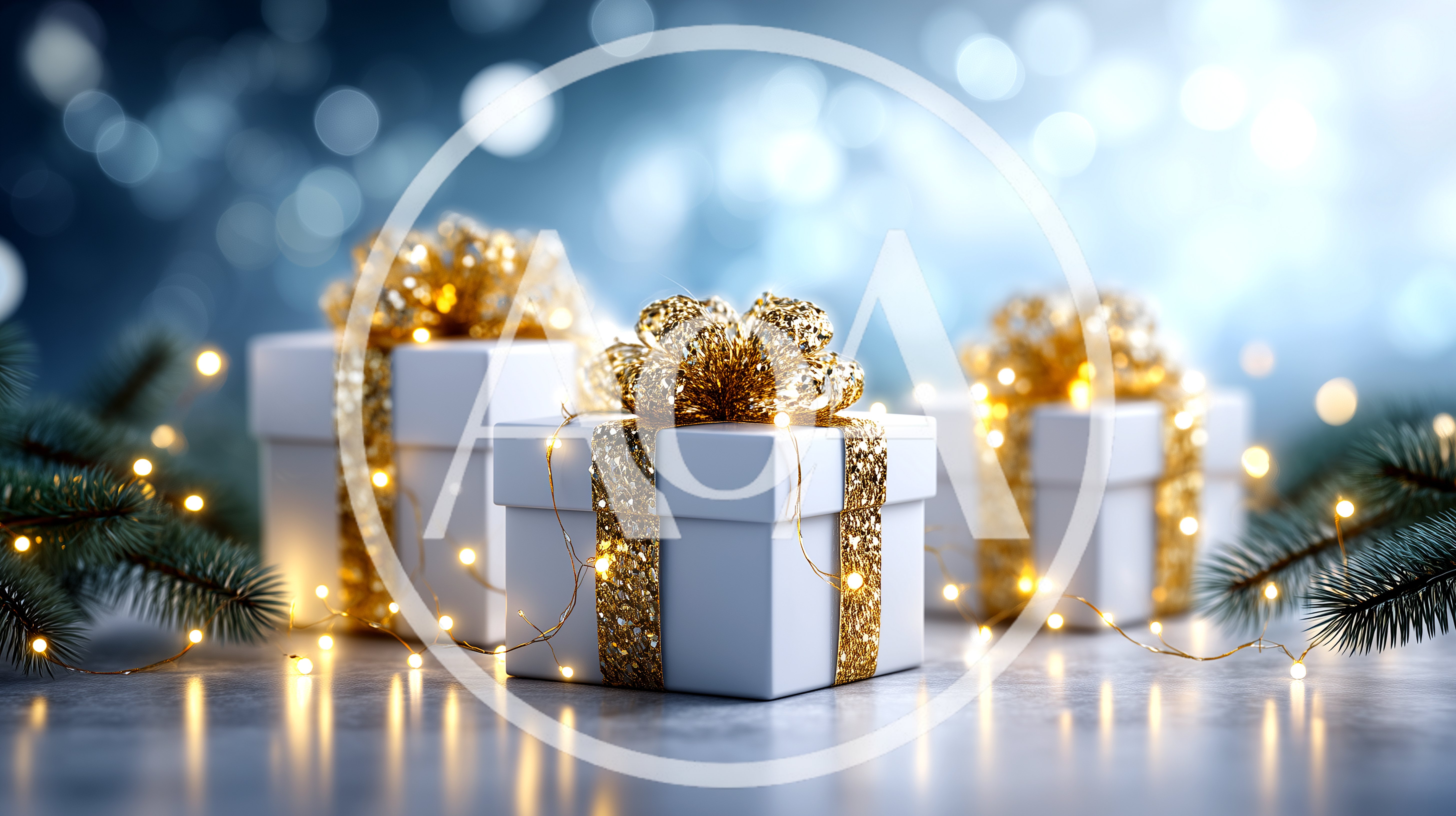Three White Christmas Gift Boxes With Gold Ribbons