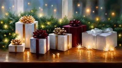 Christmas Gift Boxes With Golden Ribbons And Fairy Lights