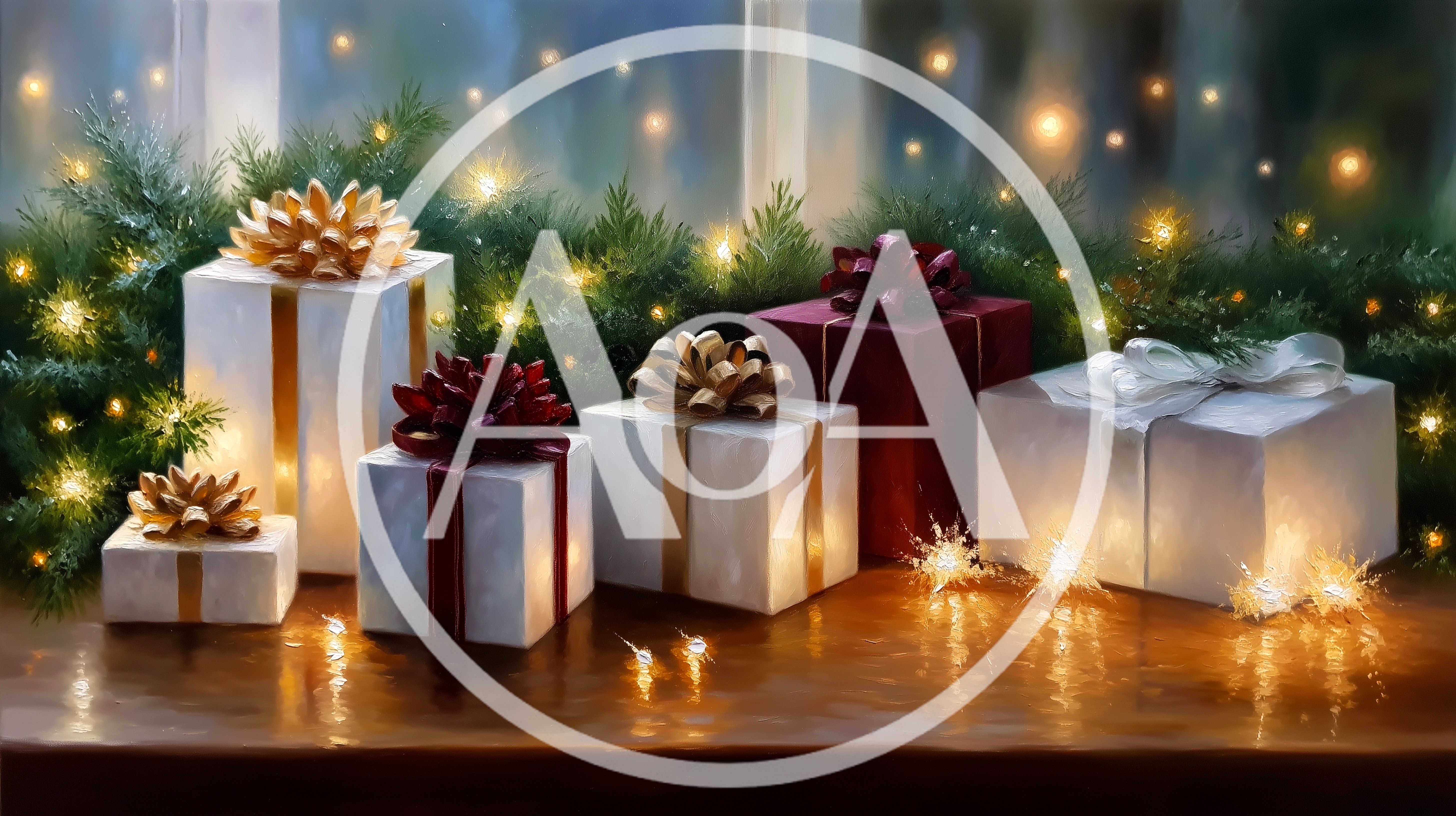 Christmas Gift Boxes With Golden Ribbons And Fairy Lights