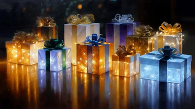 Glowing Christmas Gift Boxes With Festive Ribbons