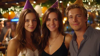 Three Friends Celebrating At A Festive Party