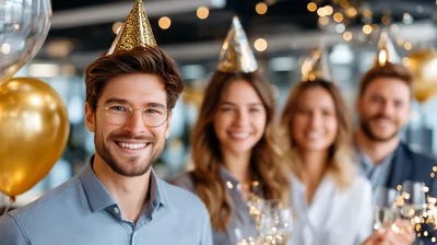 Happy Colleagues Celebrating With Champagne At Office Party