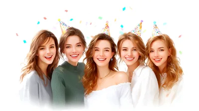 Five Happy Young Women Celebrating With Party Hats