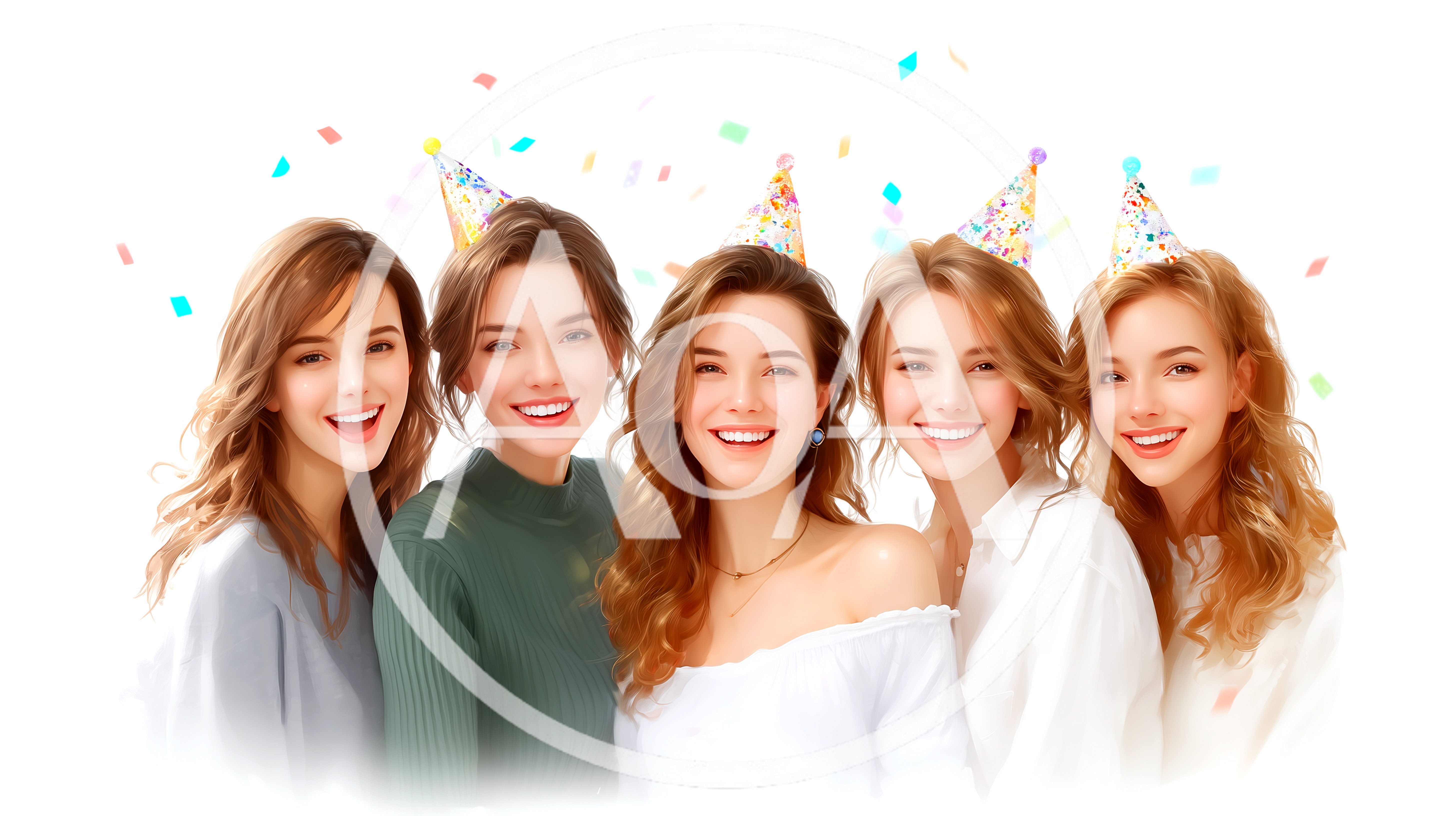 Five Happy Young Women Celebrating With Party Hats