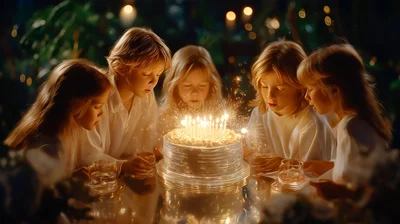Five Children Blowing Out Birthday Cake Candles