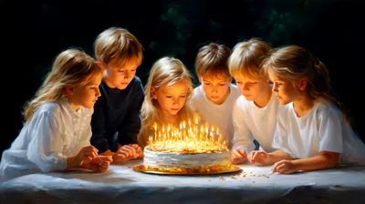 Group of Children Celebrating Birthday with Lit Cake