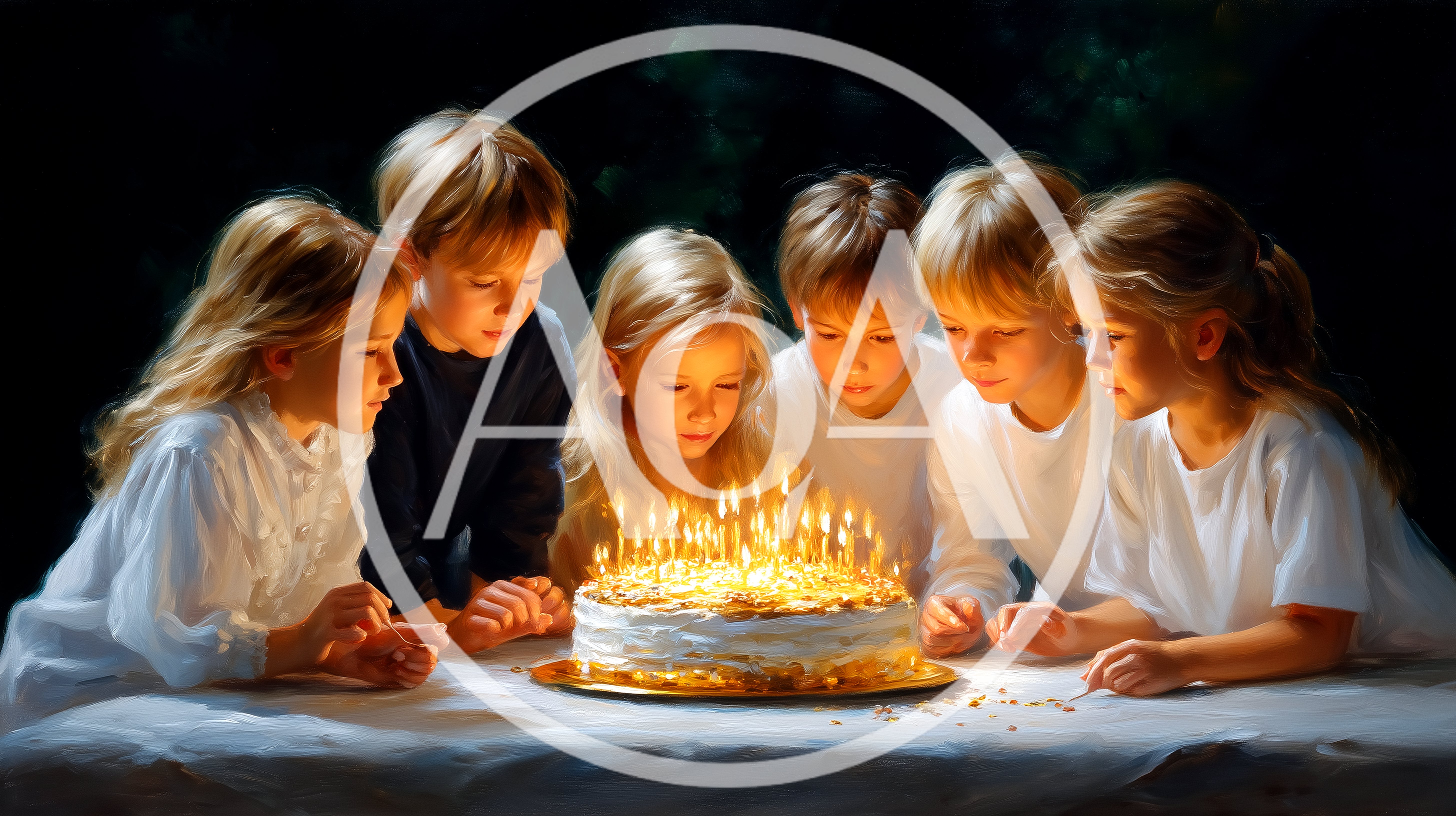 Group of Children Celebrating Birthday with Lit Cake
