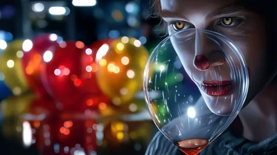 Pennywise Clown Character Looking Through A Wine Glass