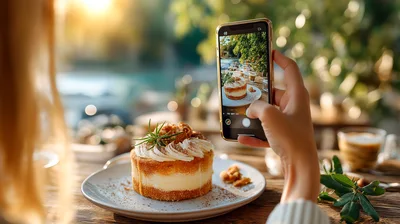 Woman Taking Photo Of Dessert With Smartphone