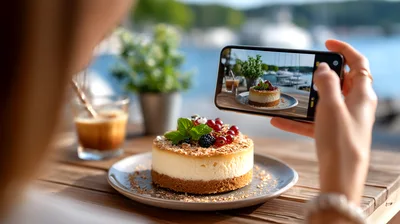 Woman Taking Photo Of Cheesecake With Smartphone