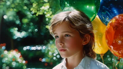 Young Boy With Balloons In A Sunlit Garden