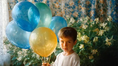 Young Boy Holding Colorful Balloons Indoors