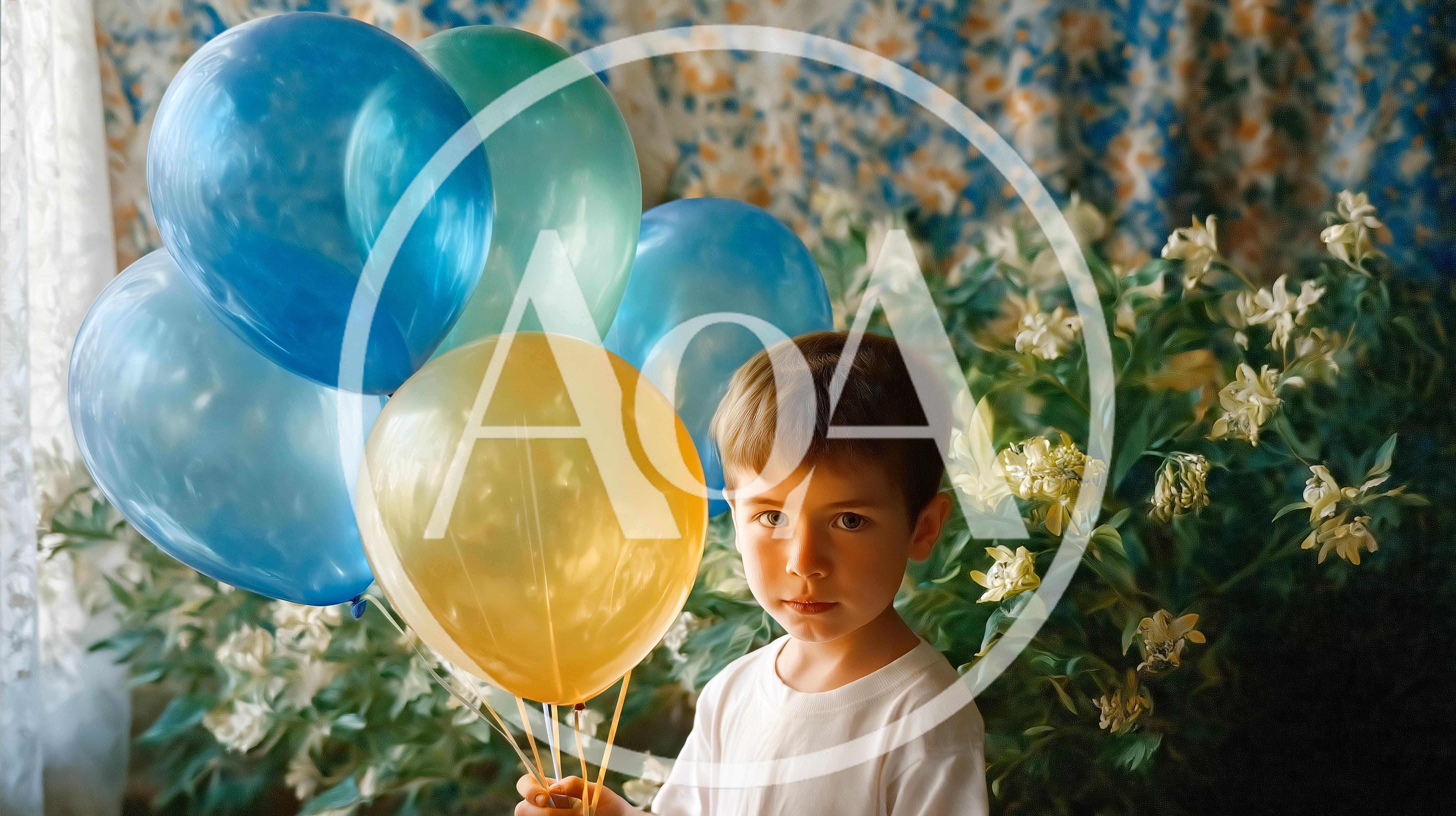 Young Boy Holding Colorful Balloons Indoors