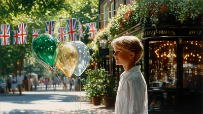 Young Boy Holding Balloons On A Sunny British Street